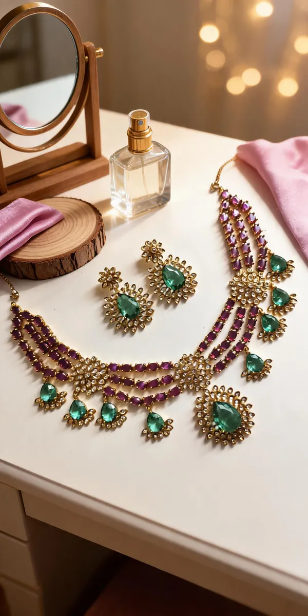 Purple_Green_Gold-Tone_Ad_Floral_Teardrop_Necklace_Set_For_Women