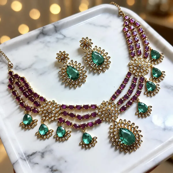 Purple_Green_Gold-Tone_Ad_Floral_Teardrop_Necklace_Set_For_Women