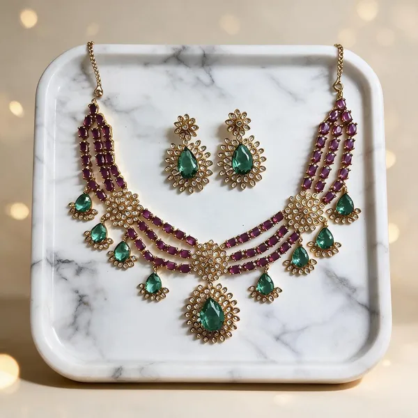 Purple_Green_Gold-Tone_Ad_Floral_Teardrop_Necklace_Set_For_Women
