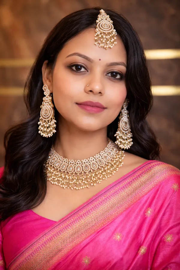 Gold_Tone_Pearl_Detail_Semi_Bridal_Necklace_Earrings_Maang_Tikka_Set_For_Women