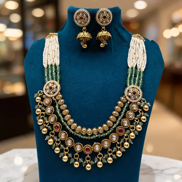 Green_White_Copper_Pearl_Beaded_Traditional_Necklace_Set_For_Women