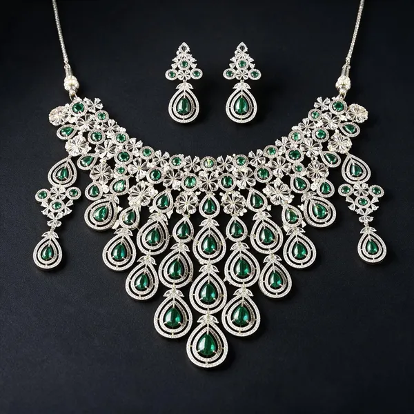 Green_Silver-Tone_Ad_Teardrop_Floral_Necklace_&_Earrings_Set_For_Women