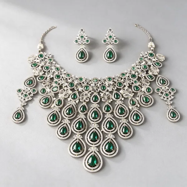 Green_Silver-Tone_Ad_Teardrop_Floral_Necklace_&_Earrings_Set_For_Women