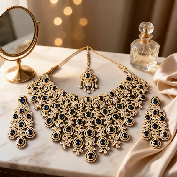 Blue_Gold-Tone_Ad_Floral_Necklace_Earrings_Maang_Tikka_Set_For_Women
