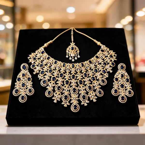 Blue_Gold-Tone_Ad_Floral_Necklace_Earrings_Maang_Tikka_Set_For_Women