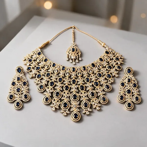 Blue_Gold-Tone_Ad_Floral_Necklace_Earrings_Maang_Tikka_Set_For_Women