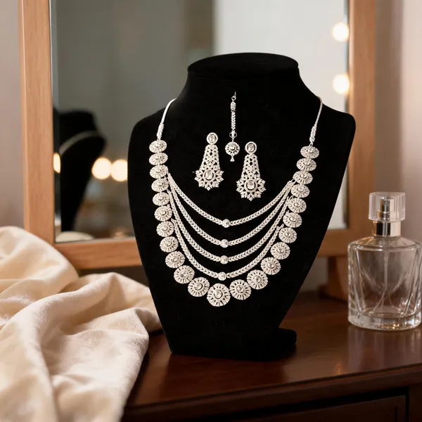 White_Silver_Tone_Ad_Layered_Semi_Bridal_Necklace_Earrings_Maang_Tikka_Set_For_Women