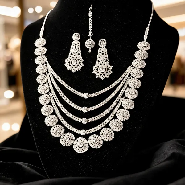 White_Silver_Tone_Ad_Layered_Semi_Bridal_Necklace_Earrings_Maang_Tikka_Set_For_Women
