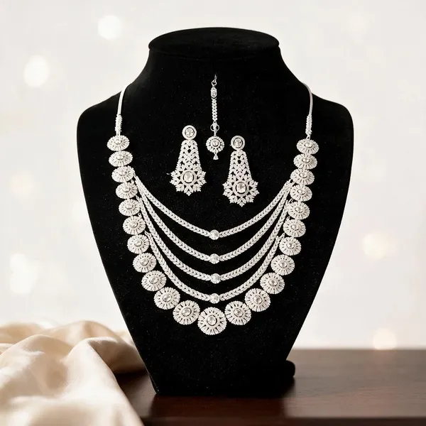 White_Silver_Tone_Ad_Layered_Semi_Bridal_Necklace_Earrings_Maang_Tikka_Set_For_Women