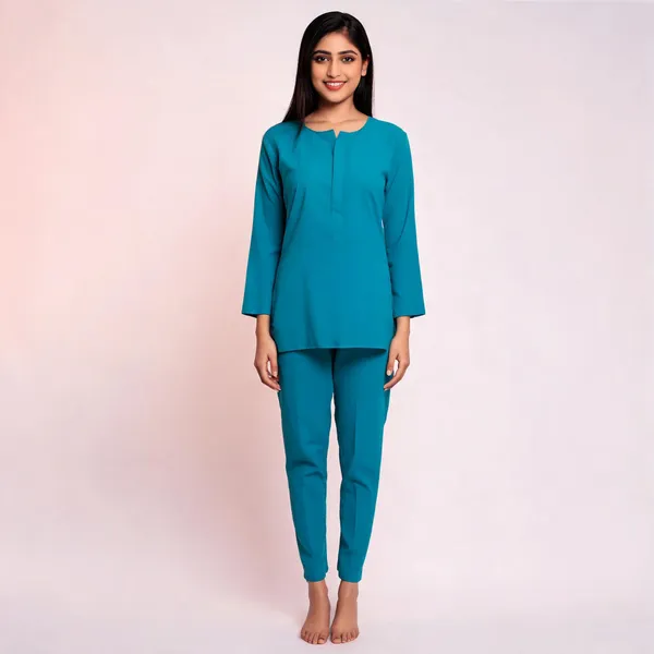 Turquoise_Cotton_Lycra_Straight_Kurti_Pant_For_Women
