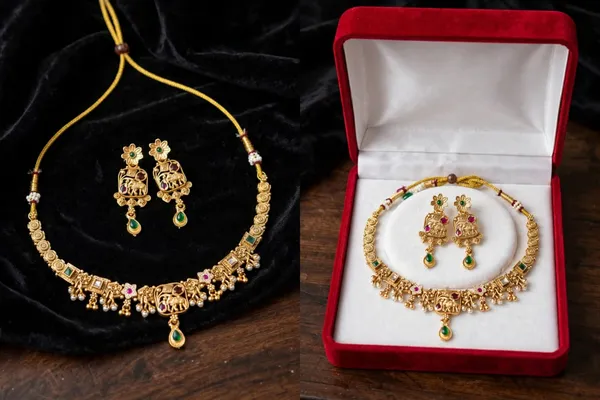 Gold_Brass_Temple_Elephant_Motif_Necklace_And_Earrings_Set_For_Women