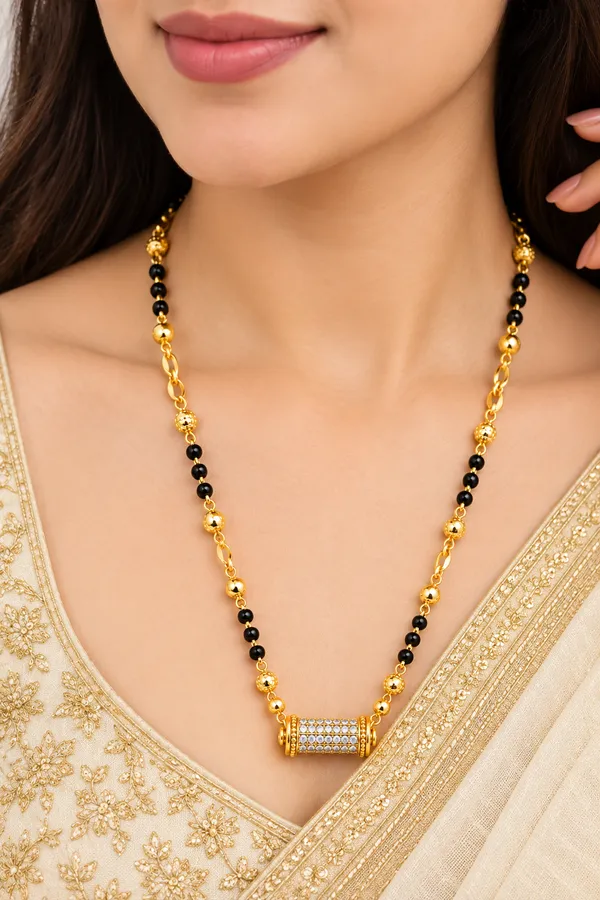 Gold_&_Black_Brass_Beaded_Cylindrical_Pendant_Mangalsutra_For_Women