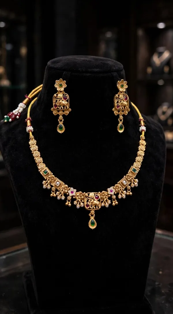 Gold_Brass_Temple_Elephant_Motif_Necklace_And_Earrings_Set_For_Women