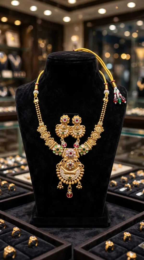 Gold_Brass_Temple_Motif_Necklace_And_Earrings_Set_For_Women