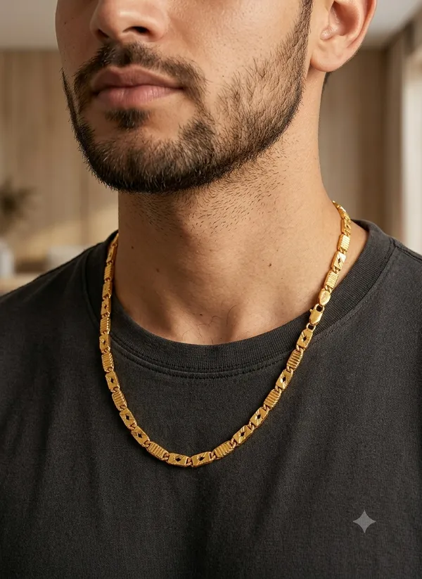 Gold_Plated_Brass_Textured_Geometric_Link_Chain_Necklace_For_Men