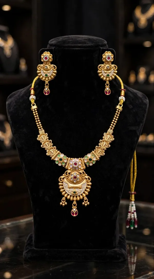Gold_Brass_Temple_Motif_Necklace_And_Earrings_Set_For_Women