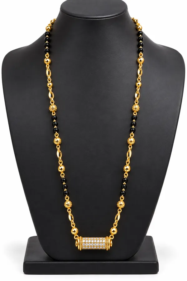 Gold_&_Black_Brass_Beaded_Cylindrical_Pendant_Mangalsutra_For_Women