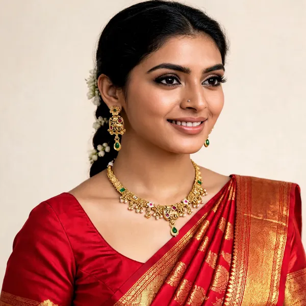Gold_Brass_Temple_Elephant_Motif_Necklace_And_Earrings_Set_For_Women