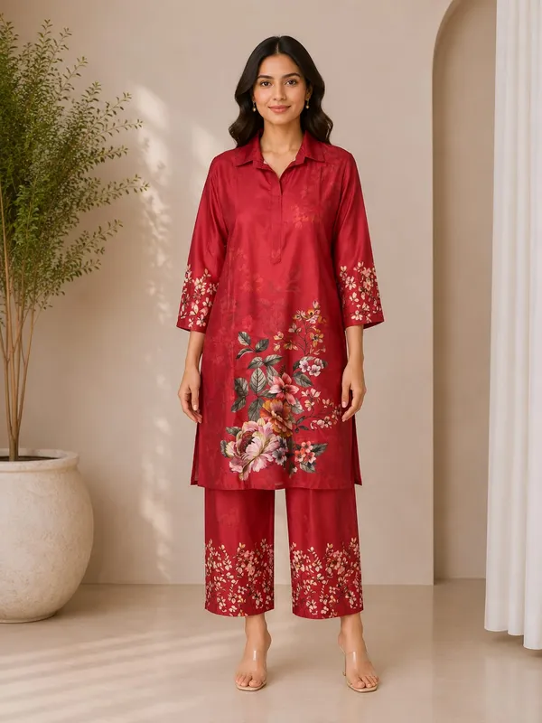 Red_Rayon_Straight_Floral_Kurta_Set_For_Women