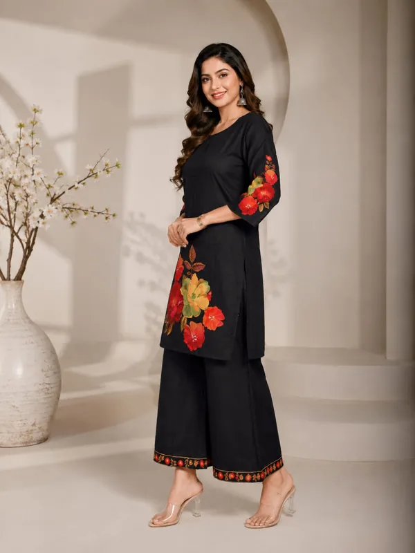 Black_Rayon_Floral_Print_Straight_Kurta_Palazzo_Set_For_Women