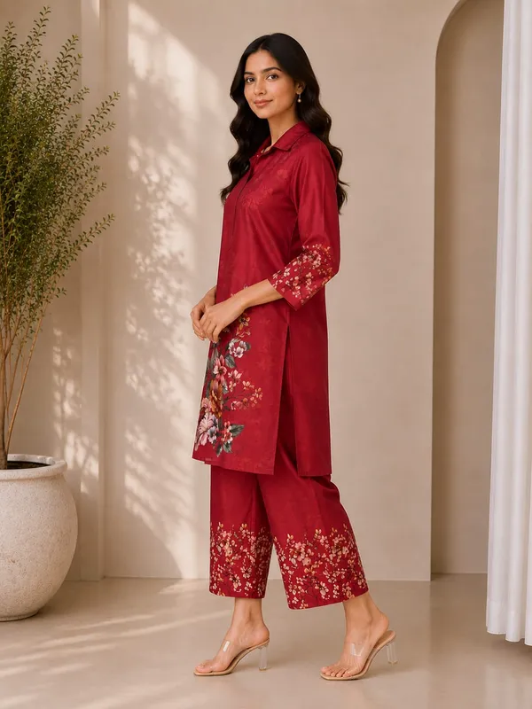 Red_Rayon_Straight_Floral_Kurta_Set_For_Women