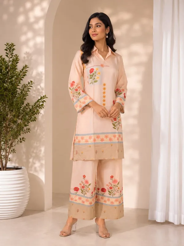 Peach_Rayon_Floral_Print_Straight_Kurta_Palazzo_Set_For_Women