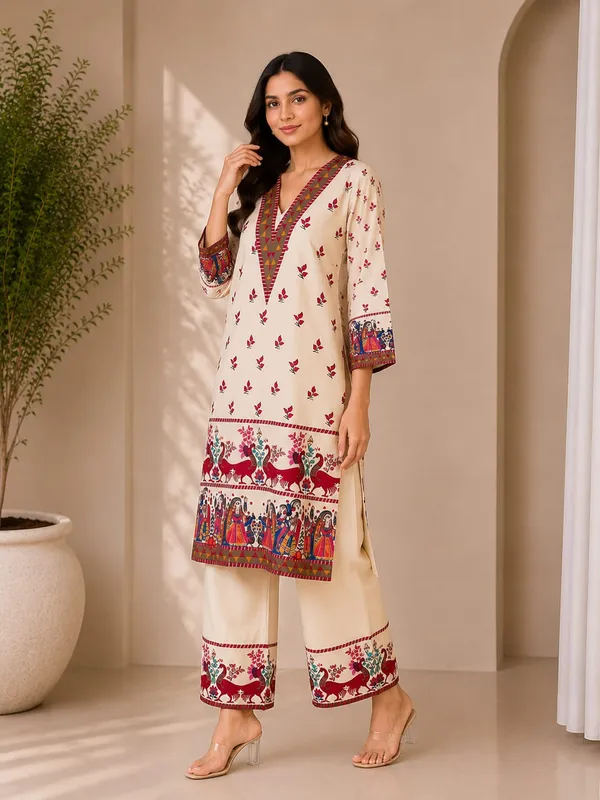 Cream_Rayon_Printed_Straight_Kurta_Pant_Set_For_Women
