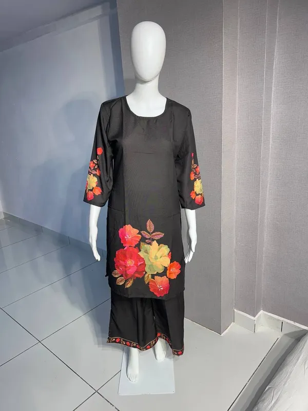 Black_Rayon_Floral_Print_Straight_Kurta_Palazzo_Set_For_Women