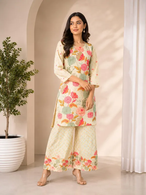 Cream_Rayon_Floral_Print_Straight_Kurta_Palazzo_Set_For_Women