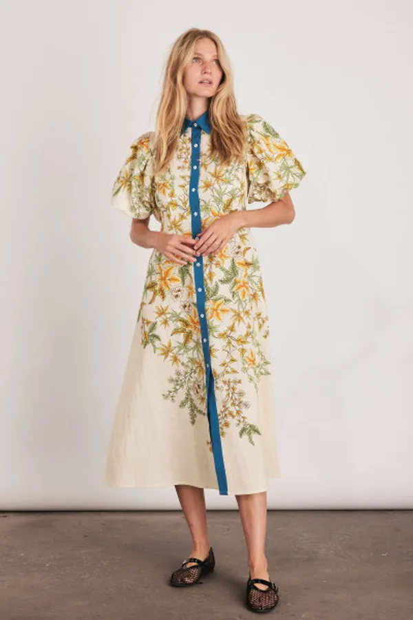 Cream_Linen_Floral_Print_Midi_Shirt_Dress_For_Women