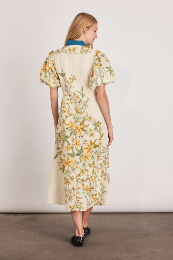 Cream_Linen_Floral_Print_Midi_Shirt_Dress_For_Women
