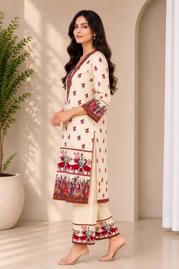 Cream_Rayon_Printed_Straight_Kurta_Pant_Set_For_Women