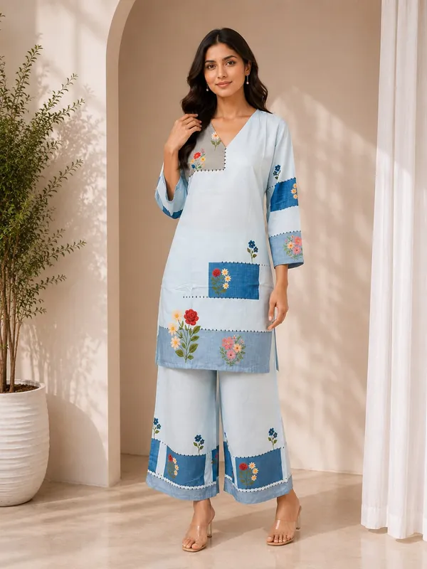 Light_Blue_Rayon_Floral_Straight_Kurta_Set_For_Women
