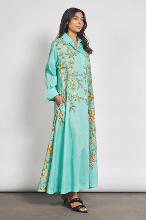 Turquoise_Linen_Printed_Relaxed_Fit_Long_Shirt_Dress_For_Women