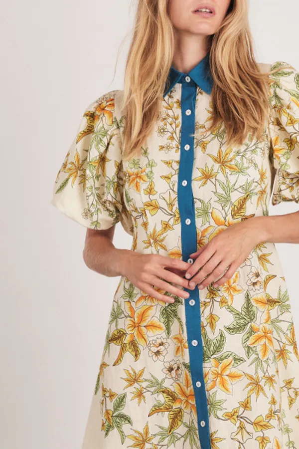 Cream_Linen_Floral_Print_Midi_Shirt_Dress_For_Women
