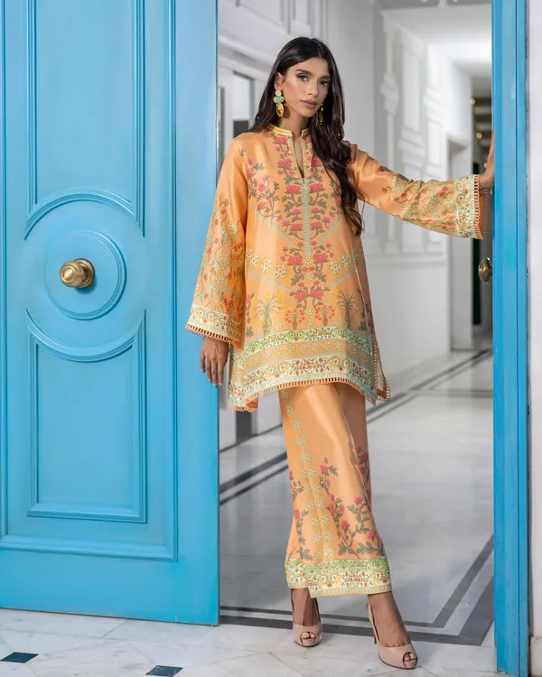 Peach_Korean_Bsy_Printed_Straight_Kurta_Palazzo_Set_For_Women