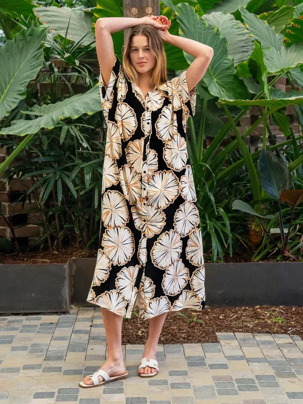 Black_Linen_Floral_Print_Midi_Dress_For_Women