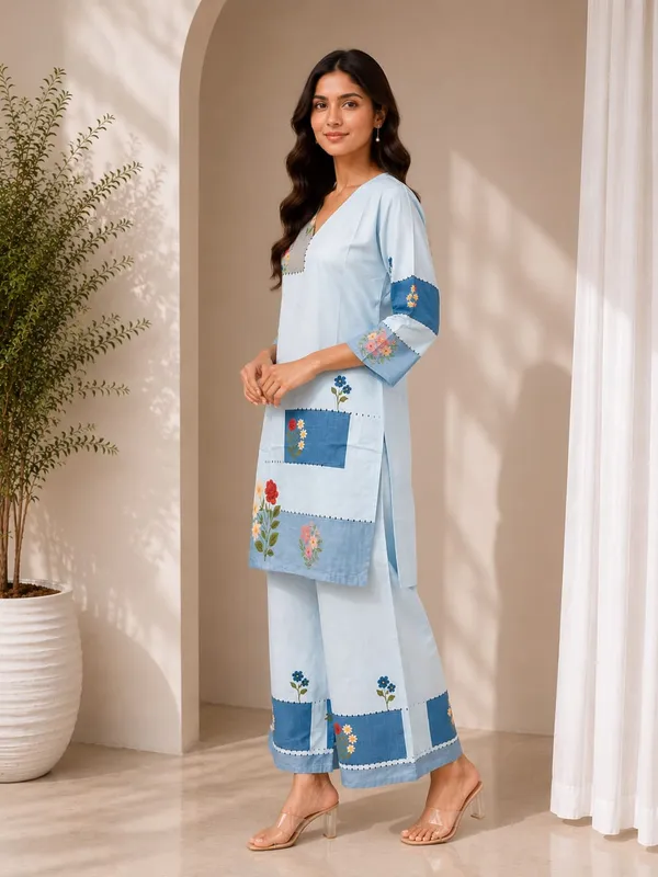 Light_Blue_Rayon_Floral_Straight_Kurta_Set_For_Women