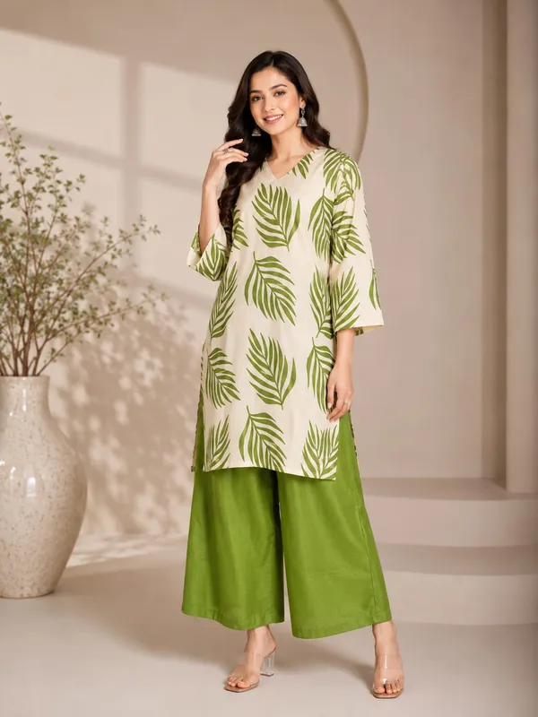 Green_Rayon_Leaf_Print_Straight_Kurta_Set_For_Women