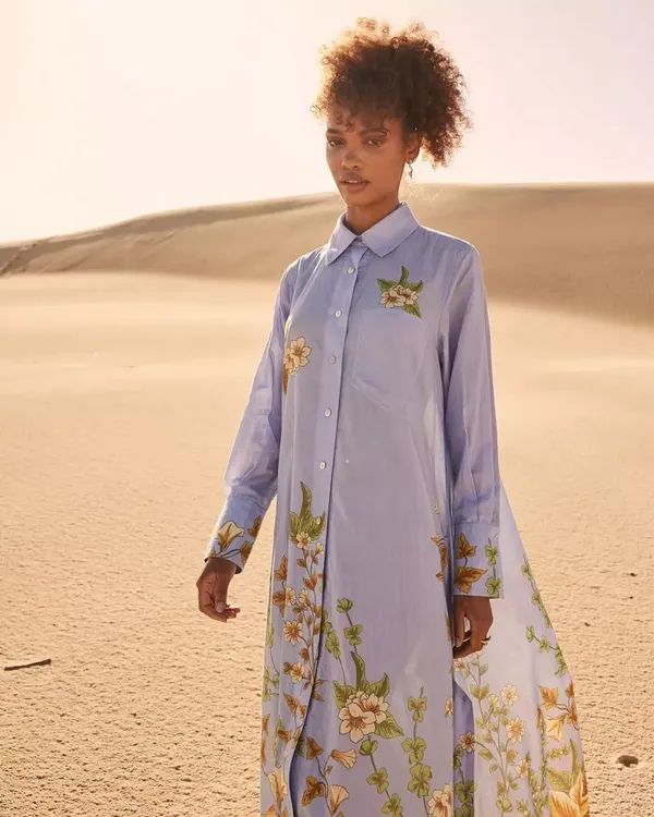 Lavender_Linen_Floral_Print_Flared_Shirt_Dress_For_Women