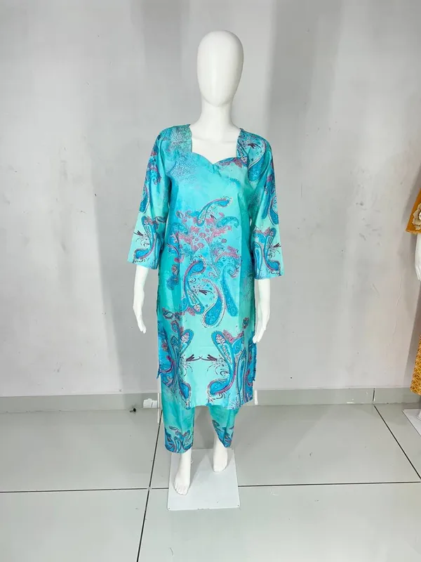 Turquoise_Rayon_Straight_Paisley_Kurta_Set_For_Women