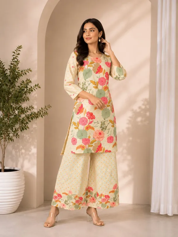 Cream_Rayon_Floral_Print_Straight_Kurta_Palazzo_Set_For_Women