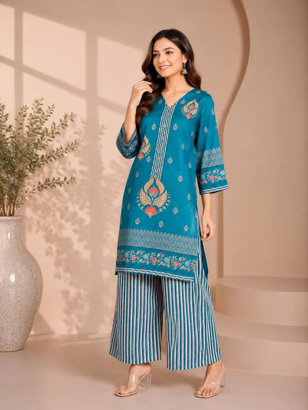 Teal_Rayon_Straight_Printed_Kurta_Set_For_Women