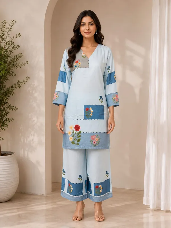 Light_Blue_Rayon_Floral_Straight_Kurta_Set_For_Women