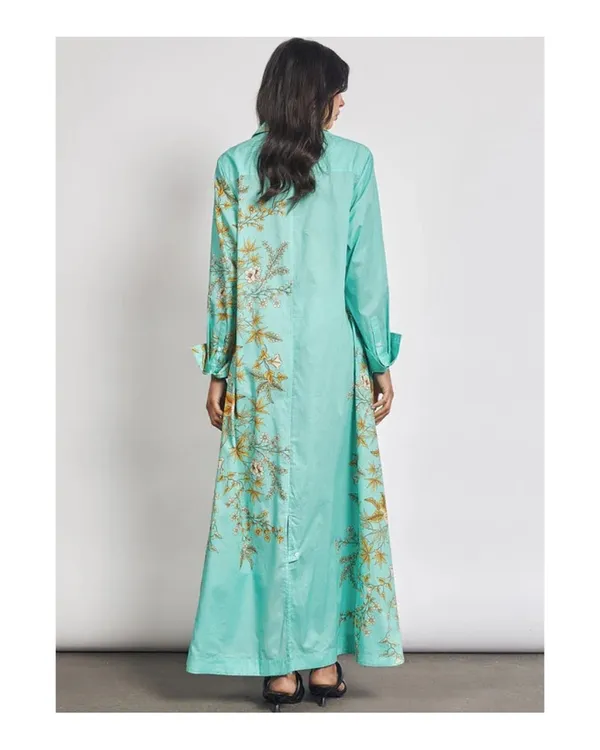 Turquoise_Linen_Printed_Relaxed_Fit_Long_Shirt_Dress_For_Women