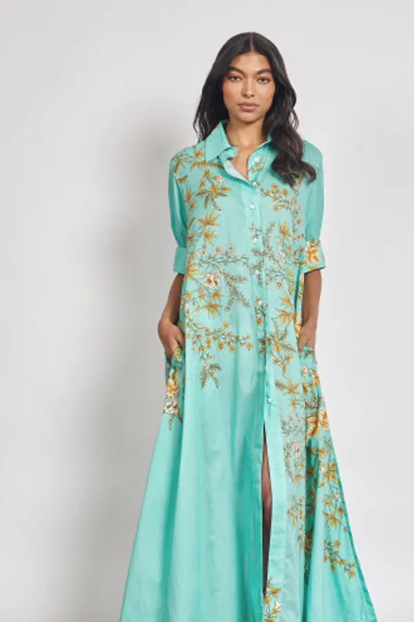 Turquoise_Linen_Printed_Relaxed_Fit_Long_Shirt_Dress_For_Women