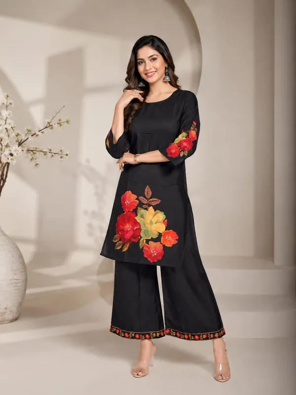 Black_Rayon_Floral_Print_Straight_Kurta_Palazzo_Set_For_Women
