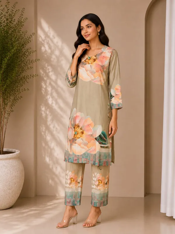Beige_Rayon_Straight_Floral_Kurta_Set_For_Women