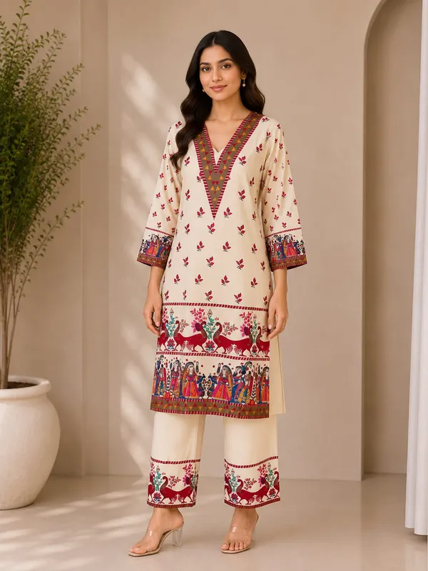 Cream_Rayon_Printed_Straight_Kurta_Pant_Set_For_Women