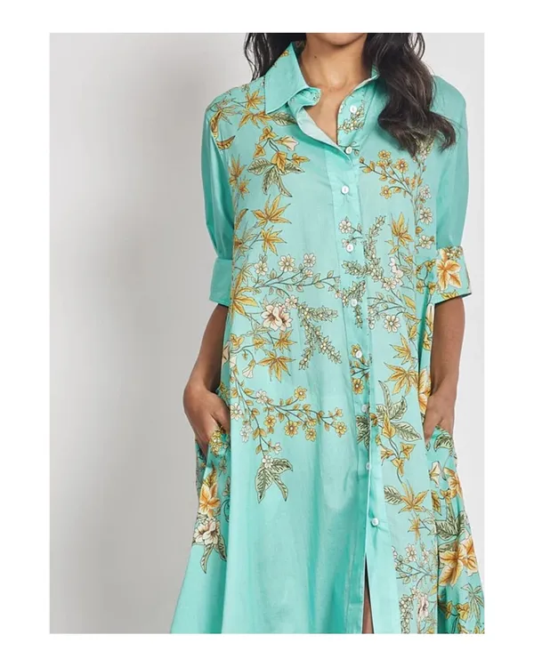 Turquoise_Linen_Printed_Relaxed_Fit_Long_Shirt_Dress_For_Women